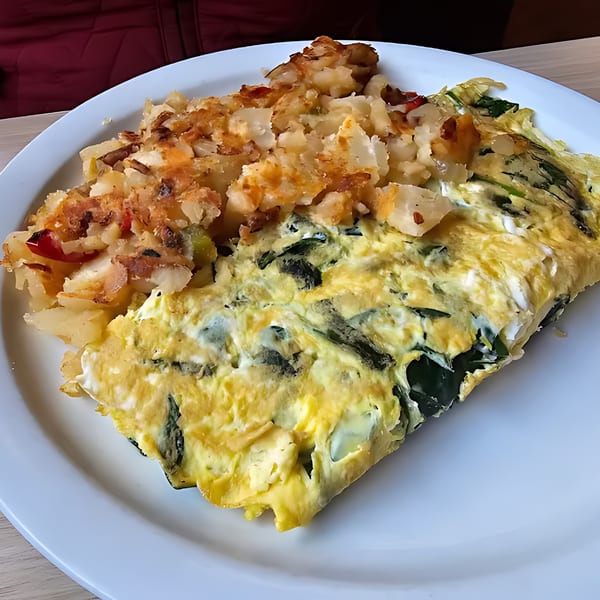 A diner breakfast of a fluffy omelet with spinach and a side of crispy hash browns.