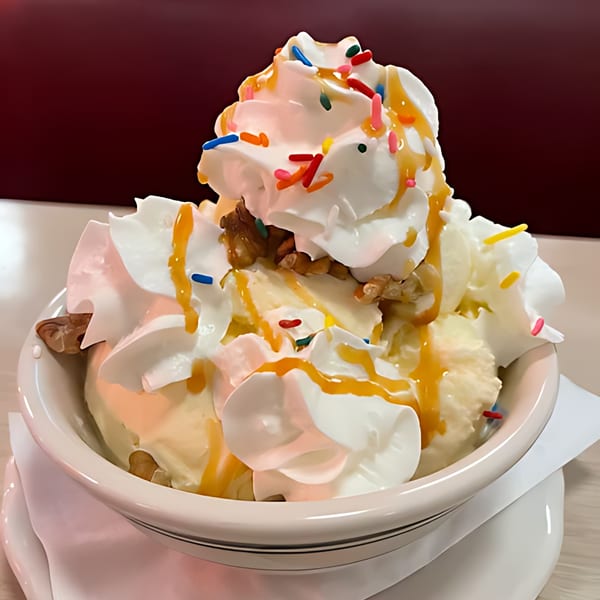 A vanilla ice cream sundae with whipped cream, caramel, walnuts, and colorful sprinkles at Sunset Diner.